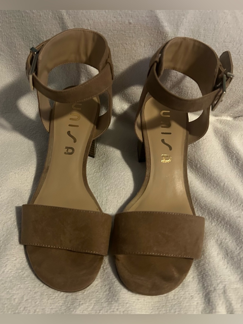 Unisa Brown Suede Ankle-Strap Block Heel Sandals
